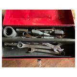 Red Metal Toolbox with Assorted Tools