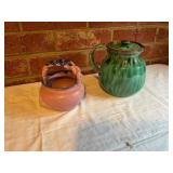 Pink Basket and Green Glazed Ceramic Pitcher