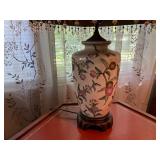 Porcelain Table Lamp with Floral Motifs and Red Sh