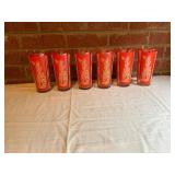 Set of 6 Red Glass Tumblers with White Decorations