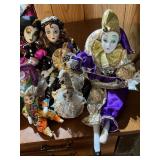 Collection of Porcelain Jester Dolls in Assorted A