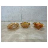 3 Amber Carnival Glass Bowls