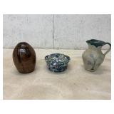3 Ceramic Pieces: Pitcher, Lidded Bowl, and Vase