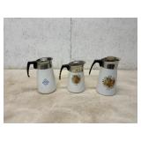 3 Coffee Pots with Floral Motifs 1 is Corning
