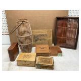 Wooden Boxes, Wicker Basket, and Tray