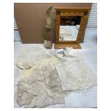 Crochet Linens, Mirror, and Brass Decor