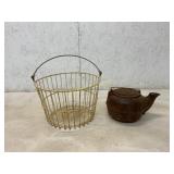 Rustic Cast Iron Kettle and Metal Wire Basket