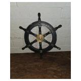 Wooden Ship Steering Wheel With Brass Center