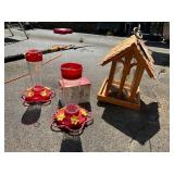 Wooden Bird Feeder and Two Nectar Feeders