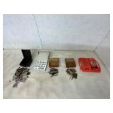 Mixed Lot of Tools, Wristwatch Parts, and Wooden B