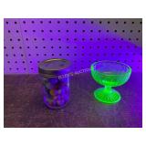 Jar of Assorted Marbles and Green Glass Pedestal D