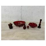 6 Red and Amber Glass Decorative Items