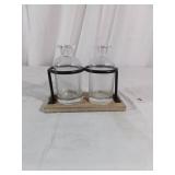 Glass Bottles in Metal Frame with Wood Base