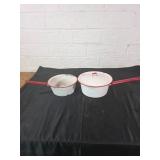 White Enamel Pots with Lid and Red Handles