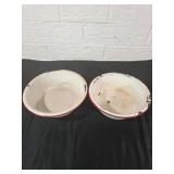 Two White Enamel Bowls with Red Rims