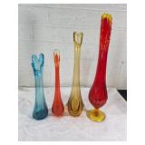 Four Tall Glass Vases in Varied Colors