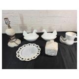 6 Milk Glass Decorative Items