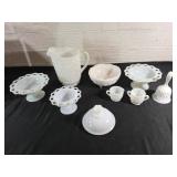 9 Milk Glass Pieces with Hobnail Design