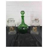 Green Glass Decanter and Two Clear Glass Jars