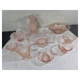 9 Pieces of Pink Depression Glass Tableware