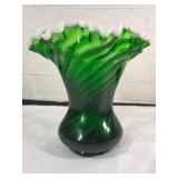 Fenton Green Glass Vase with Ruffled Edge