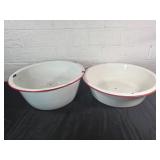 White Enamel Bowls with Red Trim