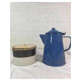 Stoneware Jar and Blue Enamel Coffee Pot