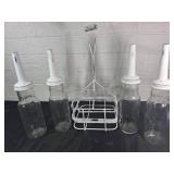 4 Glass Motor Oil Bottles with Carrier
