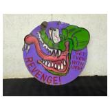 Hand-Painted Metal Sign with Monster Design