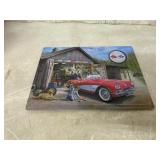 Embossed Metal Sign Depicting Classic Car Scene