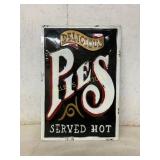 Embossed Metal Sign: Delicious Pies Served Hot