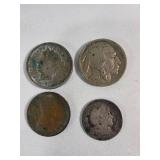 Four U.S. Coins: Buffalo Nickel, V Nickel, Barber