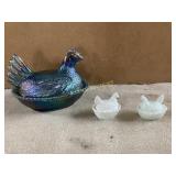 3 Hens on Nest (Iridescent Glass Hen and Two Milk