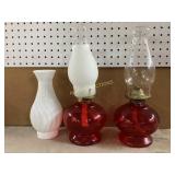Three Glass Oil Lamps and Milk Glass Vase