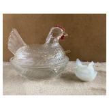 2 Pressed Glass Hen-on-Nest Dishes