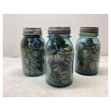 Three Vintage Glass Mason Jars with Bottle Caps