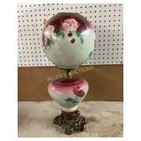 Floral Glass Hurricane Lamp with Metal Base
