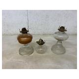 Three Glass Kerosene Oil Lamps with Burners