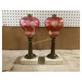 Cranberry Glass Oil Lamps with Marble Bases
