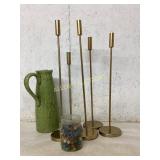 Brass Candleholders, Green Ceramic Jug, and Assort