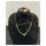 Gold-Tone Necklace and Earrings Set with Green Sto