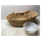 Woven Basket and Fire-King Milk Glass Bowl