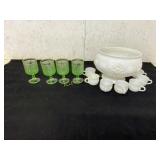 12-Piece Milk Glass Punch Bowlï¿½ withï¿½ 4 Green Gobl
