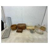 Baskets, Metal Racks, and Wooden Box