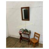 Wood Table, Chair, Mirror, and Decorative Plaques