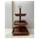 Three-Tiered Wooden Tray Stand With Brass Plaques