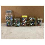 Glass Marbles in Jars and Display Case