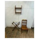 Wooden Shelf, Chair, and Collapsible Stand