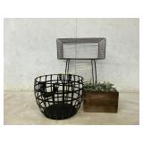 Metal Table, Rustic Box, and Wire Basket
