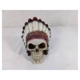 Ceramic Skull Figurine with Feathered Headdress